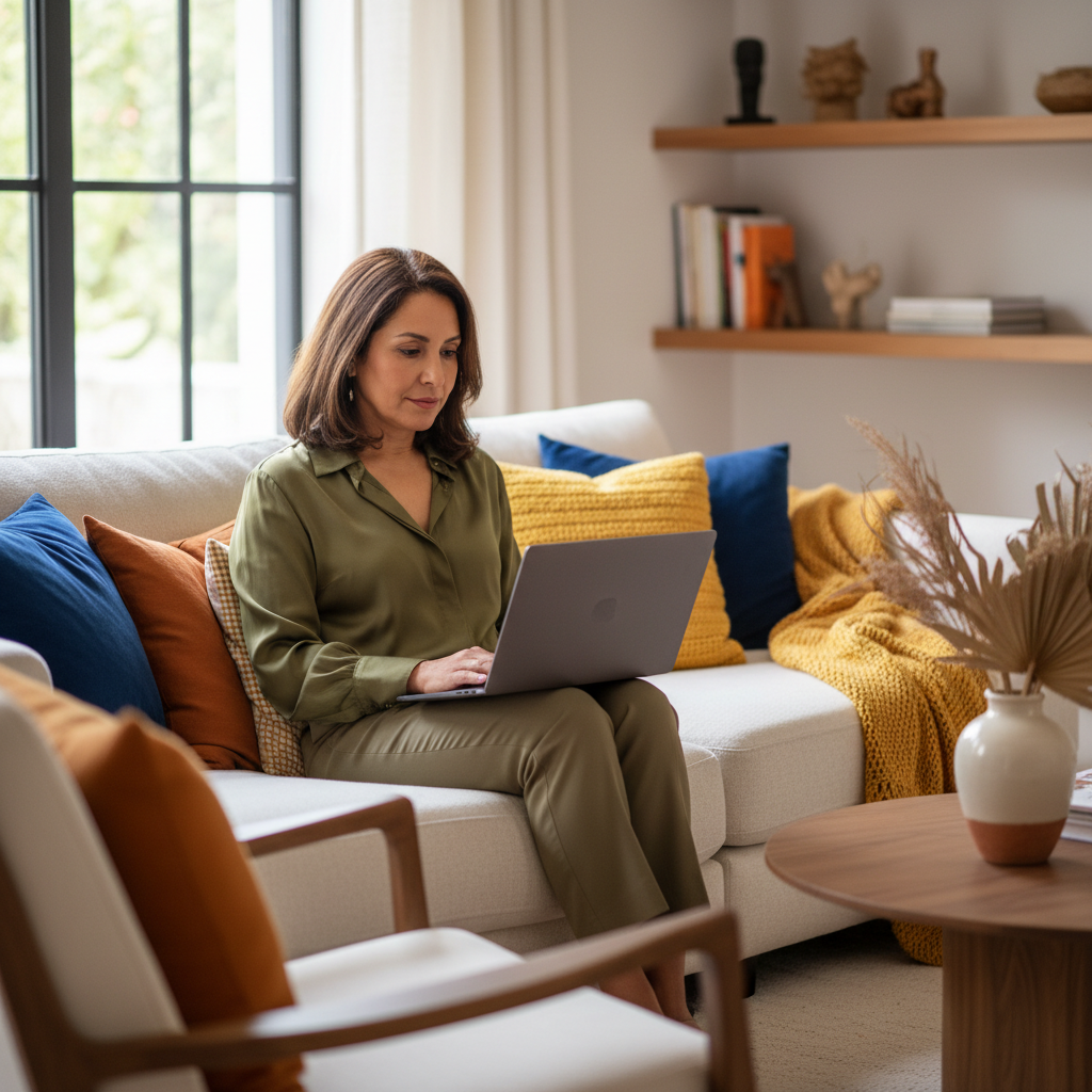 vibrant4 woman on her couch at home